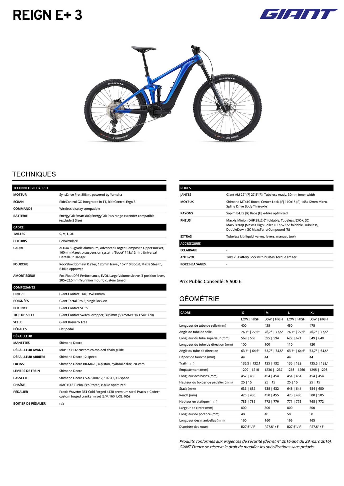 Fiche technique du velo électrique Reign E+ 3  année 2023